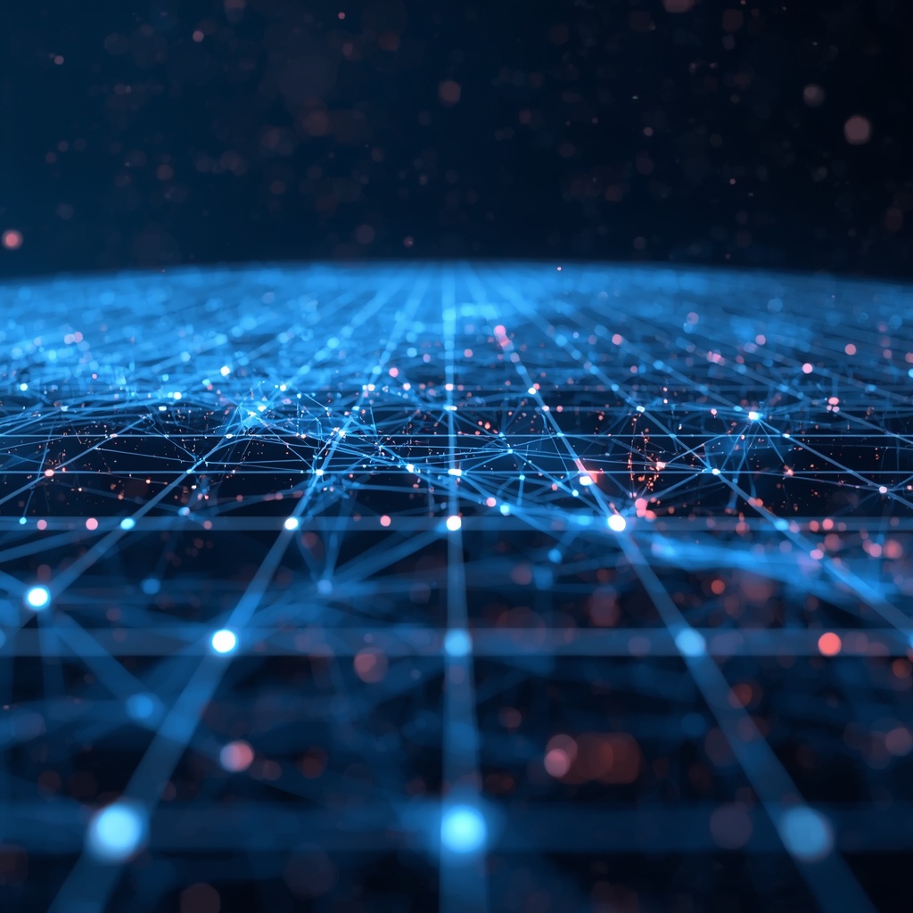 Abstract digital artwork showing neural network connections and data flow patterns across a futuristic grid landscape